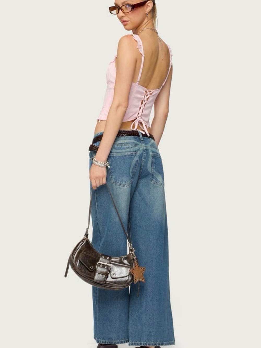 NWT EDIKTED Vyxen Bow Print Low Rise Wide Leg Jeans